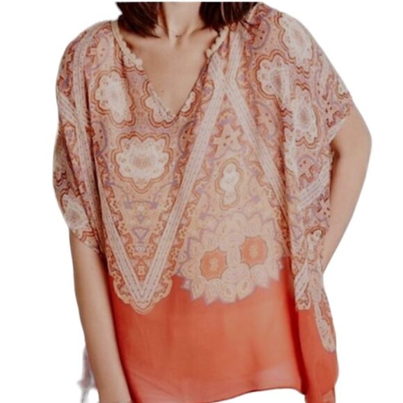 Maeve Anthropologie Silk Blouse L Nalina Handkerchief Kimono Flowy Bohemian Rust - Picture 10 of 16